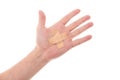 ManÃÂ´s hand glued medical plaster on the elbow, isolated on whit Royalty Free Stock Photo