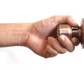 Man's hand hold doorknob on isolate white background