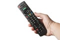 Man`s hand hold a TV remote control on white background Royalty Free Stock Photo