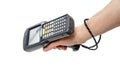 Man`s hand holding a barcode scanner.