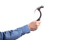 Man`s hand holding a bendy hammer on white background with clipping path and copy space for your text