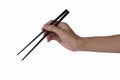 Man`s hand holding black plastic chopsticks isolated on white ba