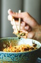 Man`s hand holding chopsticks over a plate of Japanese, thai, chinese meal - rice, mushroom, vegetables. Cafe Royalty Free Stock Photo