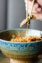 Man`s hand holding chopsticks over a plate of Japanese, thai, chinese meal - rice, mushroom, vegetables. Cafe Royalty Free Stock Photo