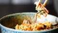 Man`s hand holding chopsticks over a plate of Japanese, thai, chinese meal - rice, mushroom, vegetables. Cafe Royalty Free Stock Photo