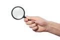 Man& x27;s hand, holding classic styled magnifying glass, closeup isolated on white background Royalty Free Stock Photo