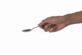 Man`s hand holding empty metal spoon with isolated on white back