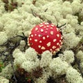 Man`s hand holding the flywheel mushroom, reindeer moss on background Royalty Free Stock Photo