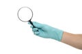 Man`s hand holding magnifying glass, close up isolated on white background, copy space for your text. Magnifier for reading Royalty Free Stock Photo