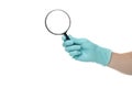 Man`s hand holding magnifying glass, close up isolated on white background, copy space for your text. Magnifier for reading