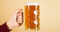 Man& x27;s hand holding mug of beer. Bavarian beer. Oktoberfest festival. Fresh cold beer in glass. Male hand with full Royalty Free Stock Photo