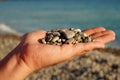 Man`s hand holding pebbles on the background of the sea. Royalty Free Stock Photo