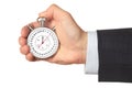 Man's hand holding stopwatch. Royalty Free Stock Photo