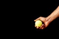 A man`s hand holding a tennis ball on a black. Royalty Free Stock Photo