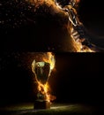 Sports background. Sport collage with fire and energy. Man`s hand holding up trophy goblet. Winner in a competition.