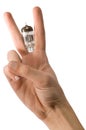 Man's hand holding vacuum tube peace sign