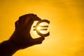 A man`s hand holds the euro symbol against the light of the sun.