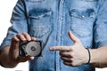 Man`s hand holds a 2.5 inch hard drive. Isolated on white background. Royalty Free Stock Photo