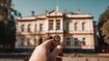 a man's hand holds a key against the background of a white house Royalty Free Stock Photo