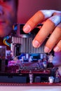 A man`s hand inserts a cooler into the motherboard socket Royalty Free Stock Photo