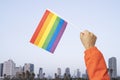 man\'s hand with LGBT flag at pride parade. fight for your rights