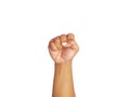 man's hand make closed fist gesture isolated on white background with clipping path and copy space for your text