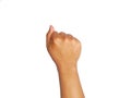 man's hand make closed fist gesture isolated on white background with clipping path and copy space for your text