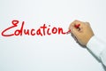 Man`s hand with pencil draws the word education. Royalty Free Stock Photo