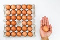 Man`s hand picking up one fresh egg from paper tray Royalty Free Stock Photo