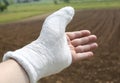 Hand plaster especially the thumb and an agricultural background Royalty Free Stock Photo
