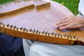 Man`s hand plays an ancient spiked string musical instrument bandura