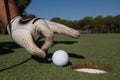Man`s hand putting golf ball in hole Royalty Free Stock Photo