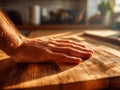Man\'s hand resting on a wooden surface in warm natural sunlight with a blurred kitchen background and subtle shadows Royalty Free Stock Photo