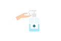 Man`s hand rubbing with medical alcohol hand gel sanitizer, vector illustration