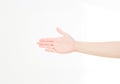 Man`s hand showing business card - closeup shot in office, blank, top view Royalty Free Stock Photo