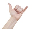 Man`s hand shows a sign to make a phone call. Isolated on white background.