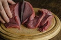 A man\'s hand slices a large piece of raw veal into thin steaks