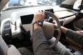 The man`s hand on the steering wheel Royalty Free Stock Photo