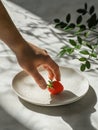 ManÃ¢â¬â¢s hand taking the last tasty strawberry from a ceramic plate. Table outdoors. Generative AI