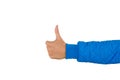 Man`s hand with thumb up isolated on white background, close up. High resolution product. Like. Royalty Free Stock Photo