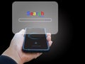 A man`s hand use smartphones to searching for information data on the internet networking. Search website browser on virtual