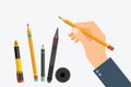 Man`s hand with writing tools and office supplies set. Flat illu Royalty Free Stock Photo