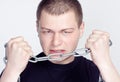 Man`s Hands in chain shackles on white background Royalty Free Stock Photo