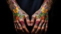 Man\'s Hands with colored floral tattoos