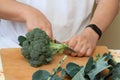 Man's hands cutting freh raw broccoli with kitchen knife