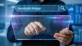 Hands of a man interacting with a futuristic transparent touchscreen displaying a search bar labeled Generate Image, illustrating Royalty Free Stock Photo