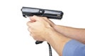 Man`s hands holding a barcode scanner. Royalty Free Stock Photo