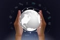 Man`s hands holding globe with worldwide connection Royalty Free Stock Photo