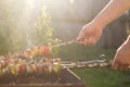 Man`s hands holding grilled vegetarian vegetable kebab at a gar