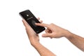 Man`s hands using fingerprint scanning app on cellphone screen Royalty Free Stock Photo